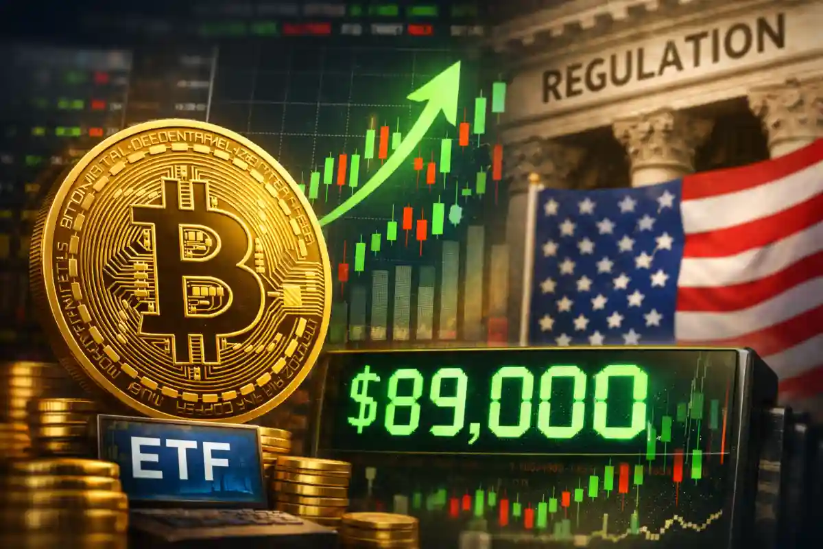 Bitcoin price hovering around $89,000 with ETF inflows and regulatory oversight