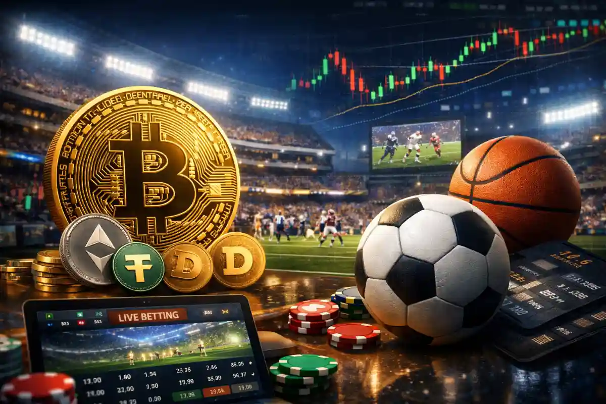 Crypto sports betting in 2026 with Bitcoin, live sports action, and real-time betting charts