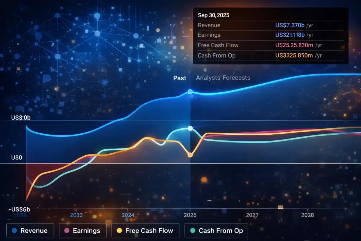 Coinbase revenue, earnings, and cash flow forecast chart showing analyst projections from 2023 to 2028