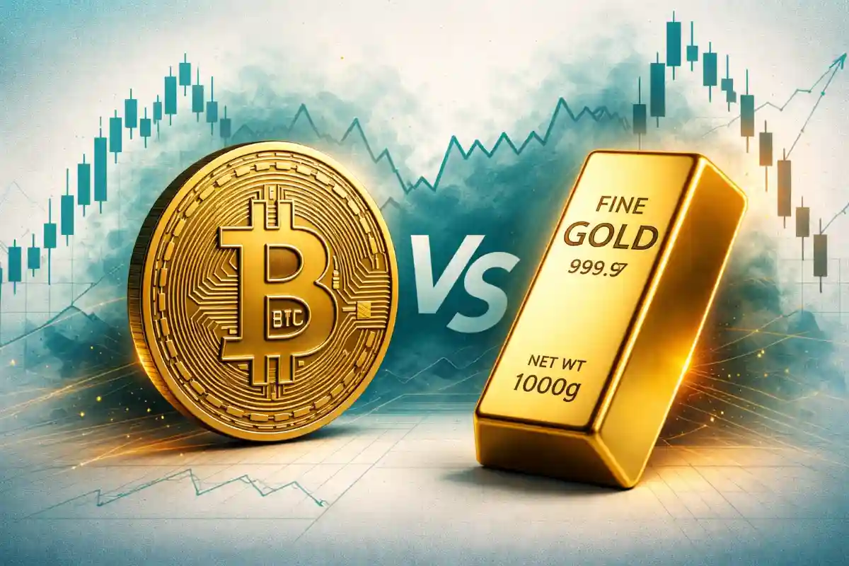 Bitcoin vs Gold comparison showing BTC coin and gold bar with volatility charts in background
